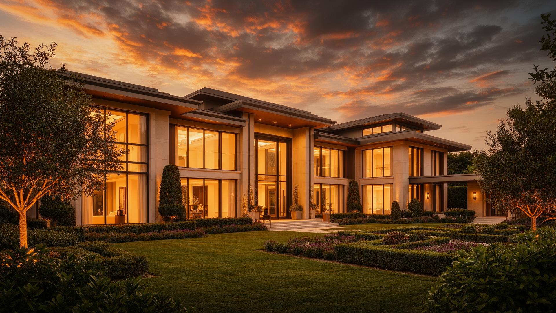 Modern luxury home at golden hour